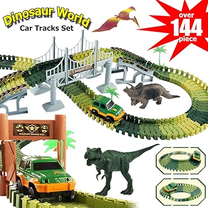 Dinosaur Tracks Electric Car Toy 144 Piece Train Tracks For Kids Dinosaur Toy Race Tracks T Rex Play Set 3 4 5 6 7 8 Year Old Boy Toys