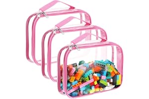 Sanwuta 3 Packs Toy Storage Bags with Zipper, Clear PVC Organizing Waterproof Toy Bags for Board Games, Building Blocks, and Kids Books(12.6 x 9 x 2.36 Inch,Pink)