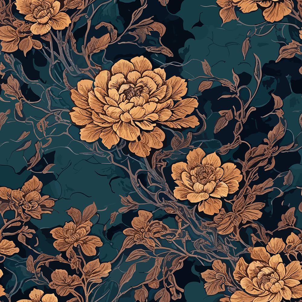 Photo 1 of WalRiddle Vintage Dark Navy Green Floral Brown Flowers Peel and Stick Wallpaper Easy Peel Off Contact Paper Stick on Adhesive Wall Paper for Bathroom Waterproof Renter Friendly