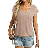 Micticsi Womens V Neck Cap Sleeve T Shirts Banded Bottom Top Loose Fit Short Sleeves Tee Casual Summer Basic Tops 2025