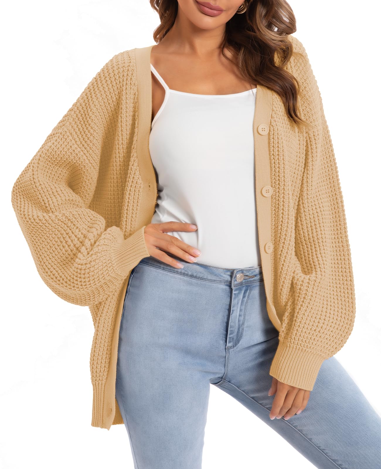 QUALFORT Women's 100% Cotton Cardigan Sweaters for Women Beige Fall Clothes 2025 Large Image