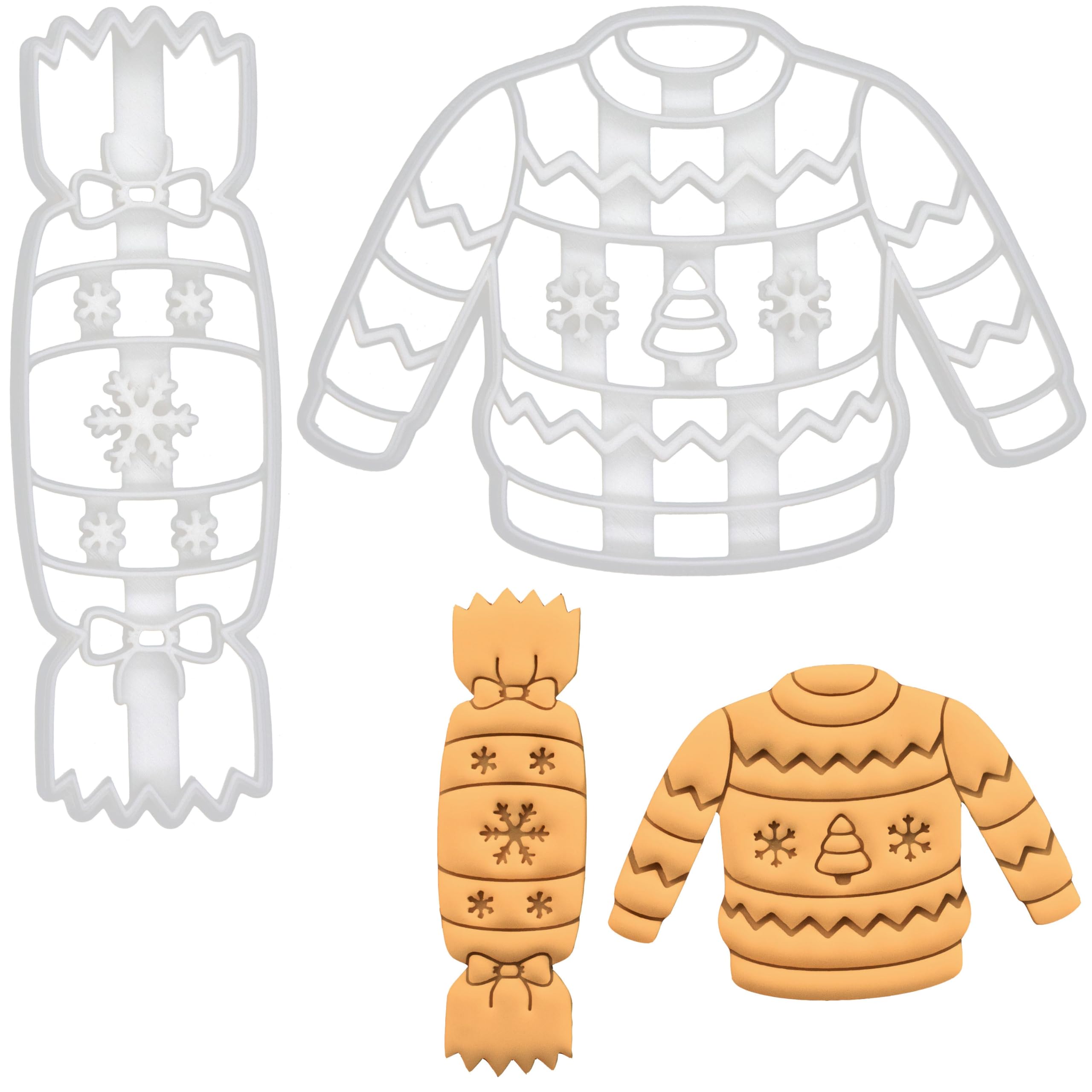 BAKERLOGY Set of 2 Christmas Cracker and Jumper Cookie Cutters - Detailed Biscuit Cutter Design for Baking and Crafts, Ideal on Fondant, Dough, Clay