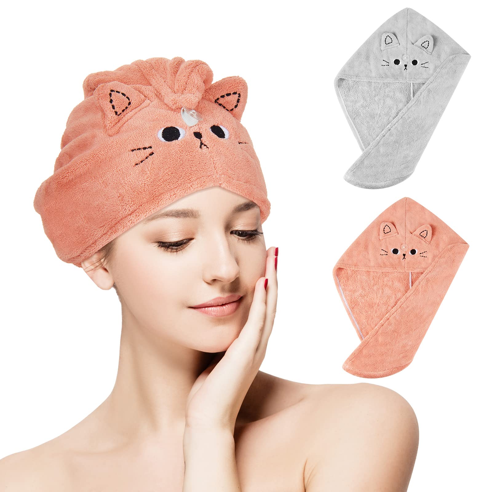 Tatuo 2 Pieces Microfiber Hair Towel Absorbent Hair Towel Wrap Cute Cartoon Rapid Drying Anti Frizz Turban Head Wrap for Women or Girls Kids(Dark Pink,Blue-gray,Cat)