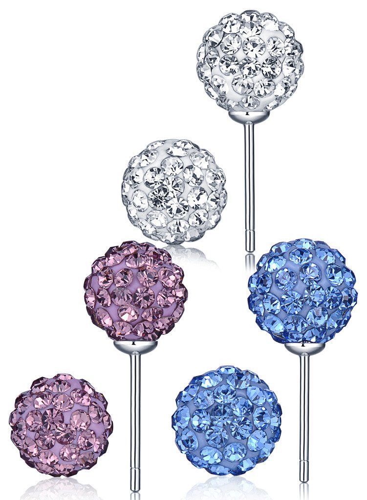 Infinite U 3 Pairs 925 Sterling Silver 8mm White Purple Blue Shamballa Balls Crystal Ear Studs Earring Set for Women/Girls