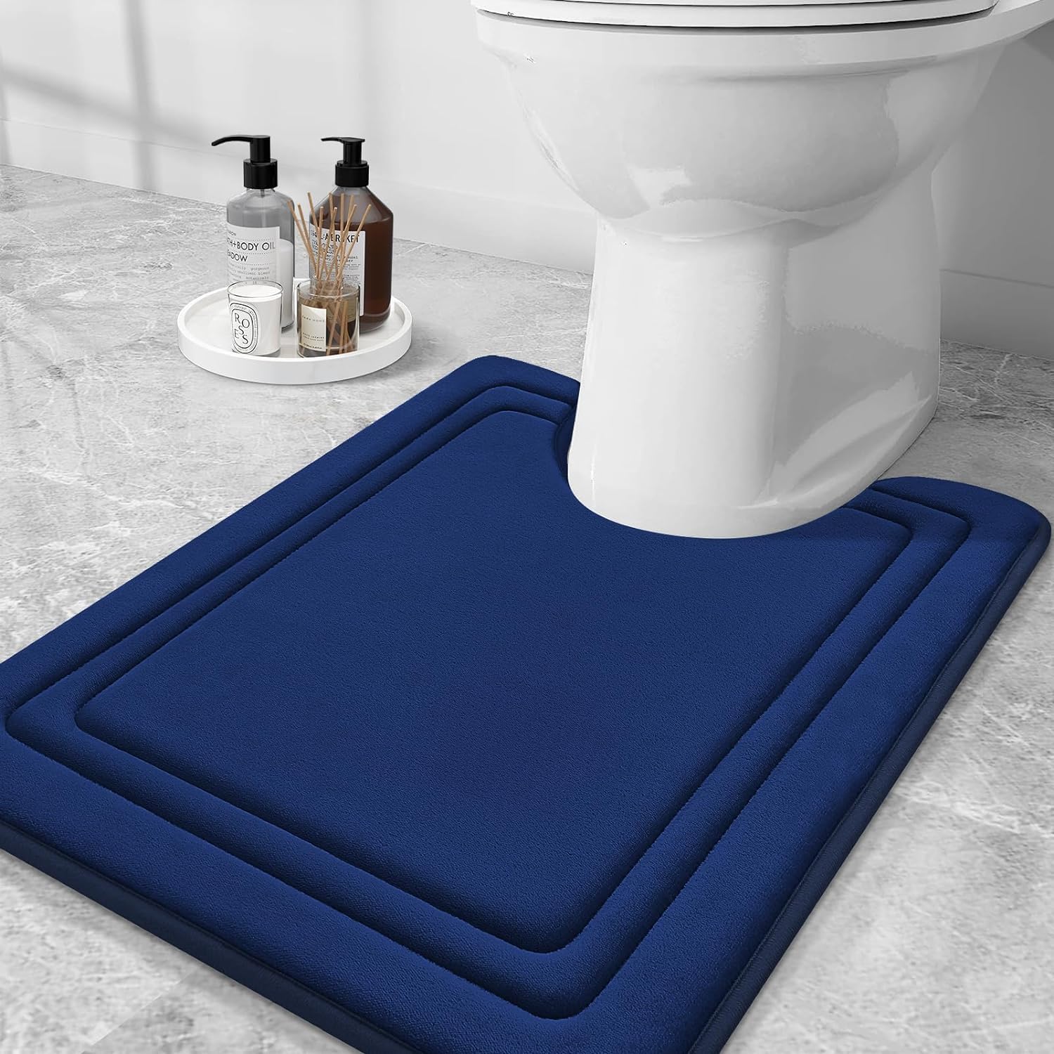 smiry Memory Foam Bath Mat - 50 x 60cm, Non-Slip, Super Absorbent, Comfortable - Machine-Washable Floor Rug, Navy Blue
