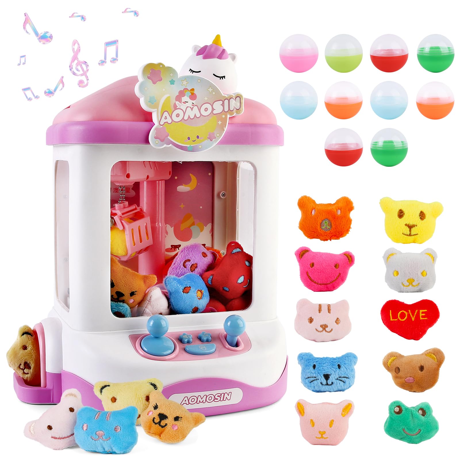 Varrotoy Claw Machine for Kids, Cute Unicorn Shape, Arcade Game with 10 Plush Toys and 10 Twist Eggs, Mini Claw Machine with Adjustable Music, Birthday for Girls Boys Ages 3-8