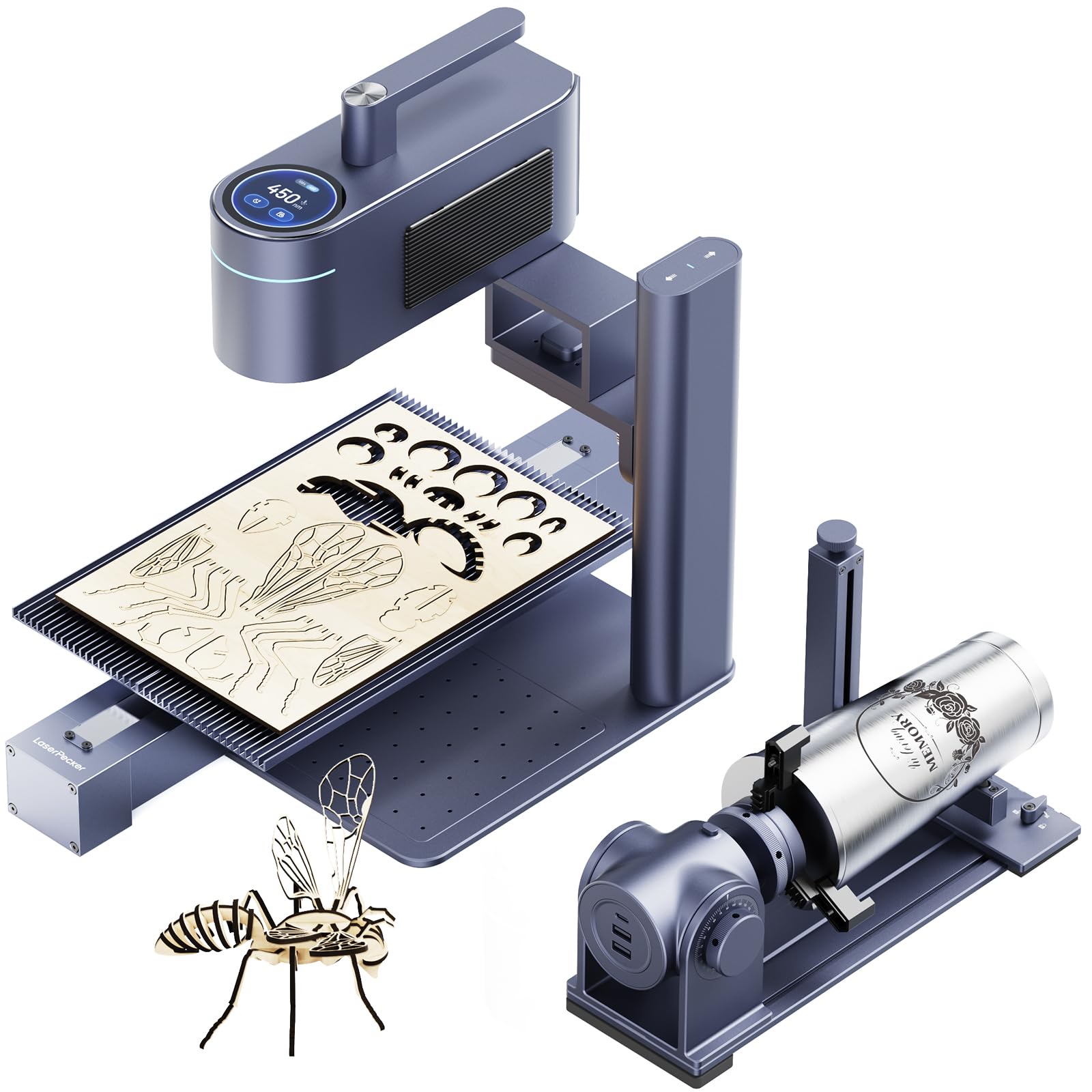 Grabador láser dual LaserPecker LP4 con extensiones giratorias y deslizantes, 8K 240 000 mm/min para vasos de 360°/trabajos por lotes de 160 x 300 mm, IR/diodo de conmutación automática para joyería y producción en masa industrial, juego de lujo