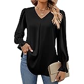 Funlingo Women's 2025 Long Sleeve Tops Dressy Casual V Neck Tunic Shirts Loose Chiffon Work Blouse