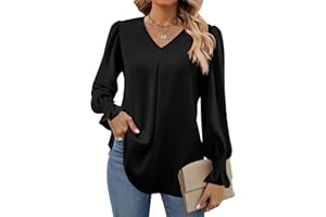 Funlingo Women's 2024 Long Sleeve Tops Dressy Casual V Neck Tunic Shirts Loose Chiffon Work Blouse