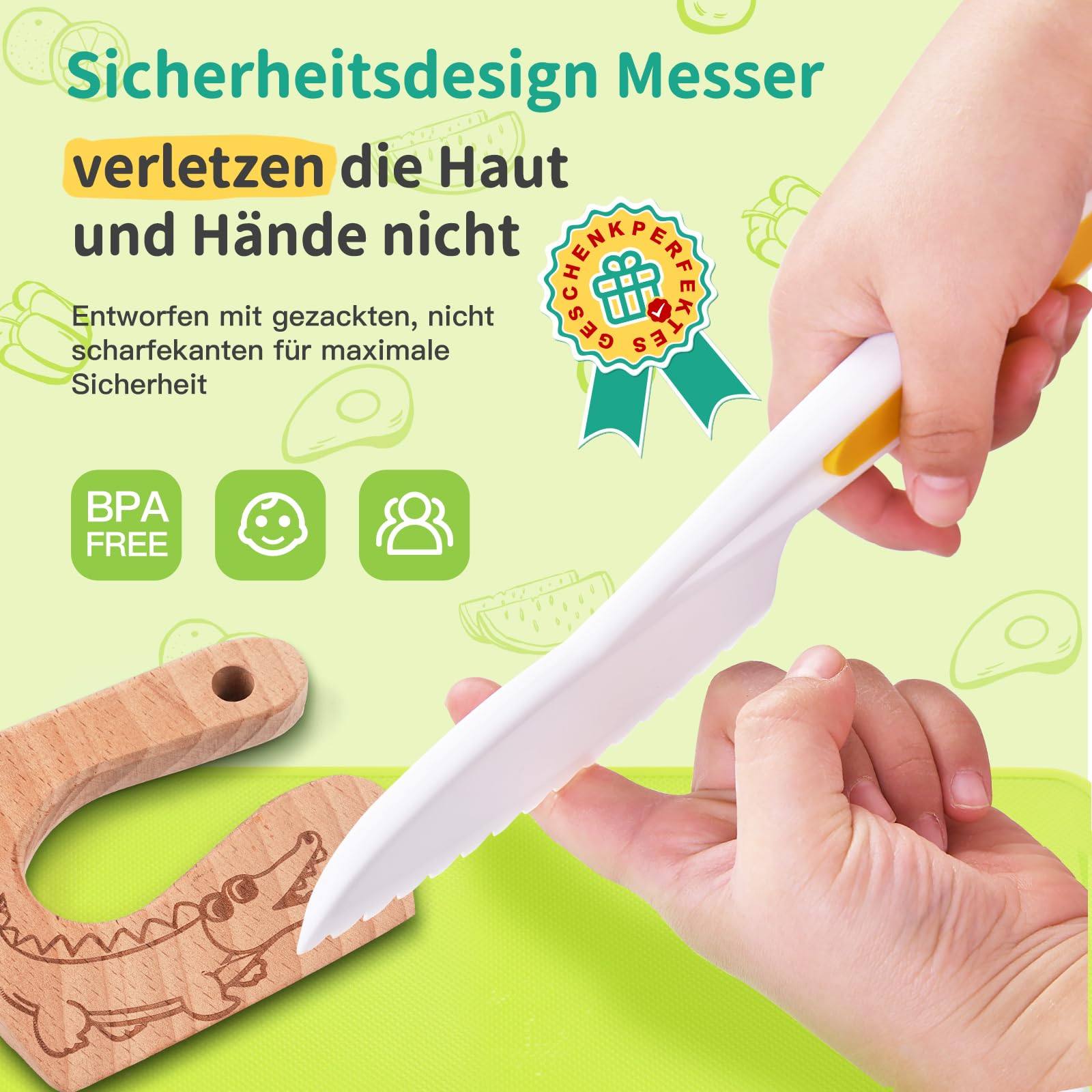 Kindermesser - 17 teiliges Kindersicheres Küchenmesser für Echtes Kochen mit Holzmesser, Schneidebrett | BPA-frei, Kinderfreundlich Lernmesser, Montessori Messer, Kinder Schneidemesser ab 2 jahre 3