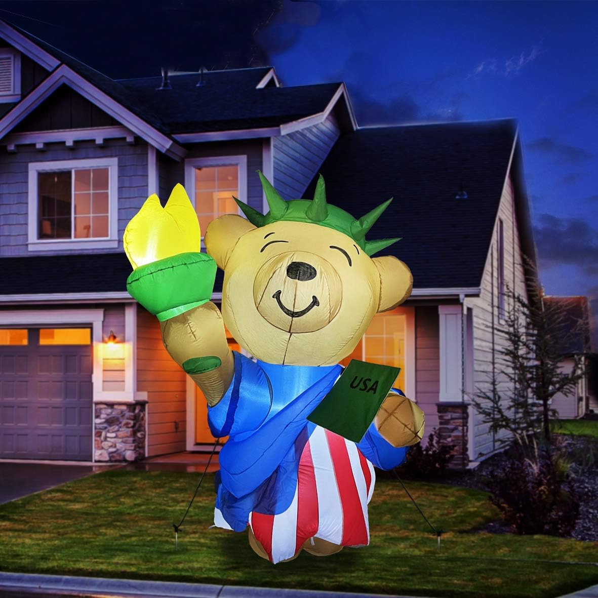 GOOSH 6 ft Tall Patriotic Independence Day Inflatable American Bear with Torch and USA Book Blowup Inflatables with Build-in LED Lights for Party Indoor,Outdoor,Yard,Garden,Lawn Decorations: Garden & Outdoor