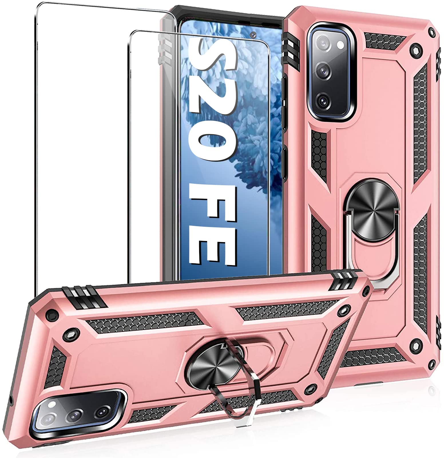 Compatible with Samsung Galaxy S20 Fe 5G Case with Screen Protector Military Anti-Fall Cover for Samsung S20 Fe 5G Case with Magnetic Ring Kickstand (Pink)