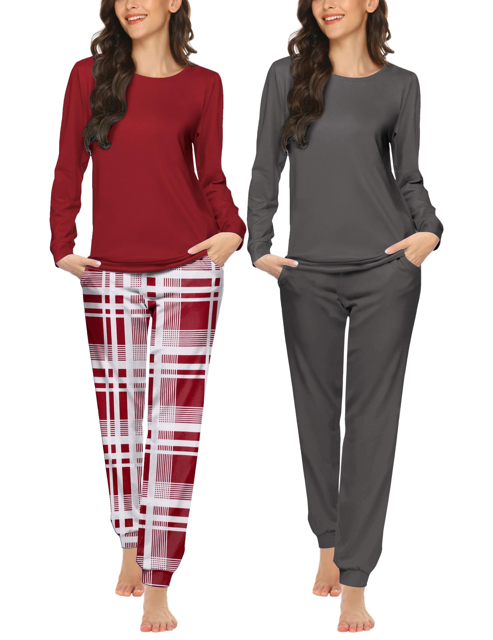 Ekouaer 2 Pack Womens Pajamas Sets Long Sleeve Jogger Pjs Lounge Sets with Pockets Black&Red White Plaid Medium Image
