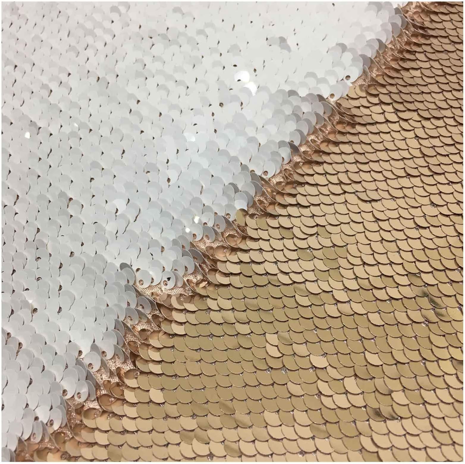 LQIAO Flip UP Mermaid Sequin Fabric- Rose Gold White,1 Yard Reversible Sequin Fabric Sparkly Fabric for Cushion Cover Curtain Table Linens Decoration