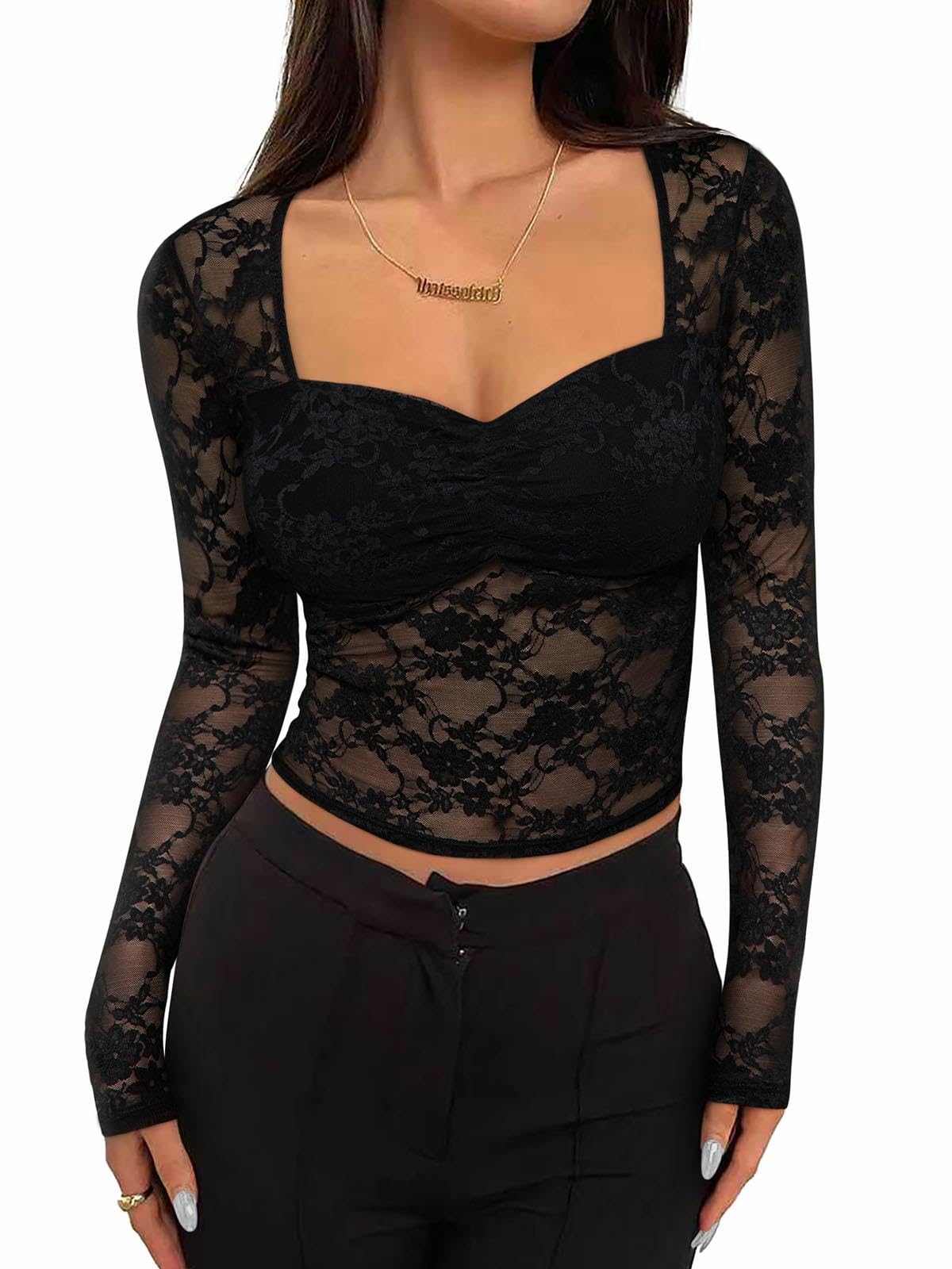 Photo 1 of **SELLING FOR PARTS---HOLES IN BLOUSE**REORIA Women Lace Long Sleeve Tops Sexy See Through Mesh Shirts Low Cut Slim Fit Y2K Going Out Blouses Fashion Club Tee, Black M