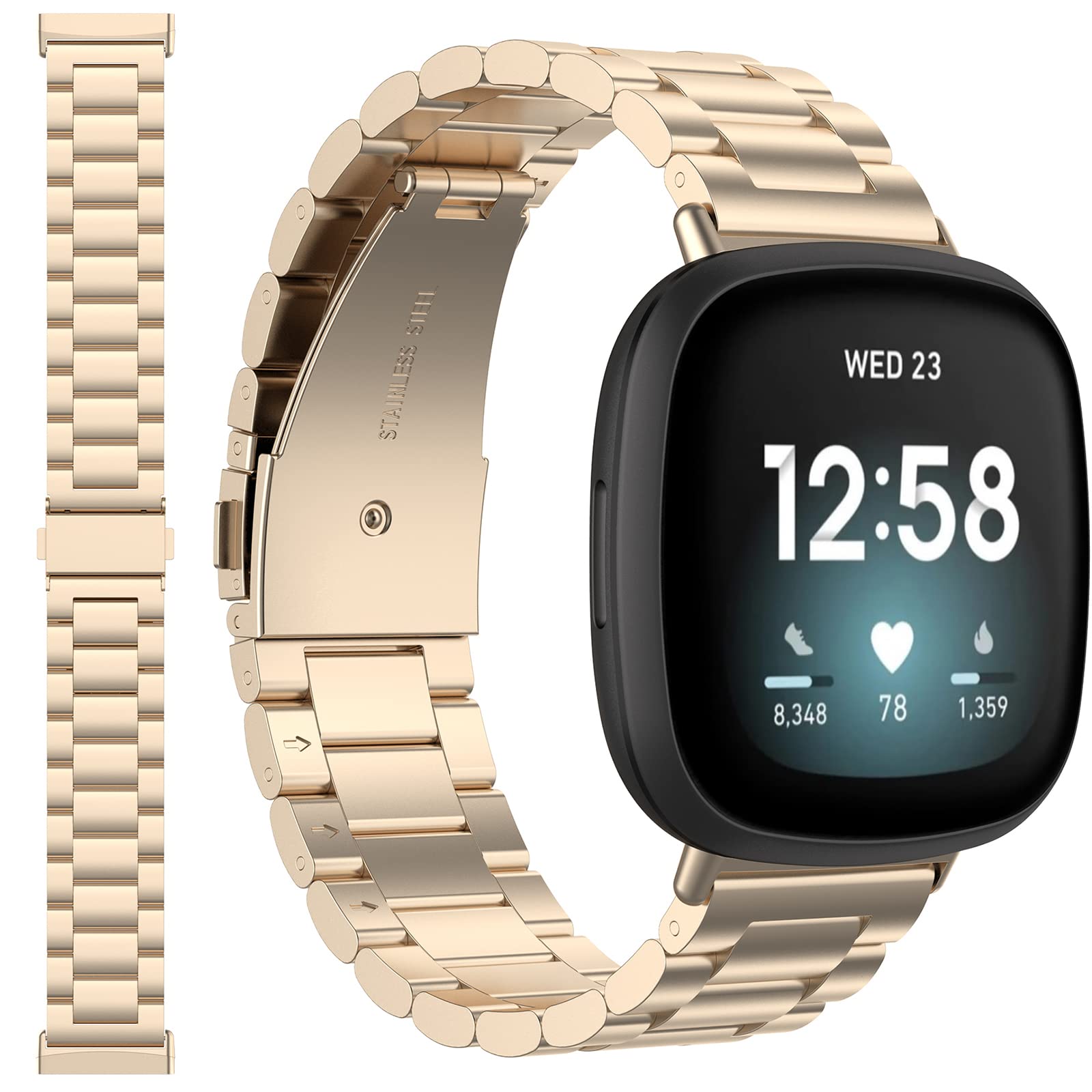 Miimall Metal Strap Compatible with Fitbit Versa 4/Fitbit Versa 3/Fitbit Sense 2/Fitbit Sense, Stainless Steel Band with Folding Clasp, Adjustable Replacement Bracelet Wristband, Champagne