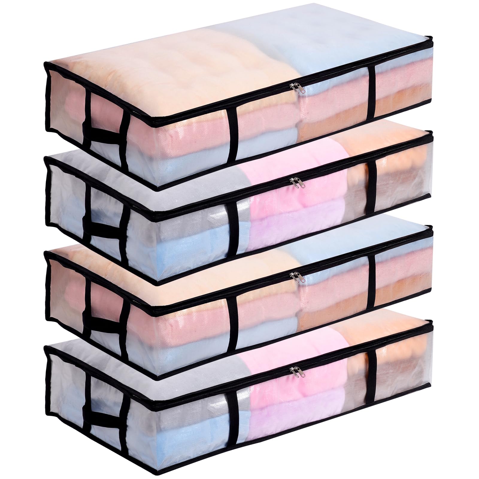 4 Pack 90L Large Under Bed Storage Bags, Clear Underbed Storage Bag with Lid Clothes Storage Bedroom Storage Under Bed Storage Organiser PP Fabric for Quilt, Blanket, Clothing, Shoes