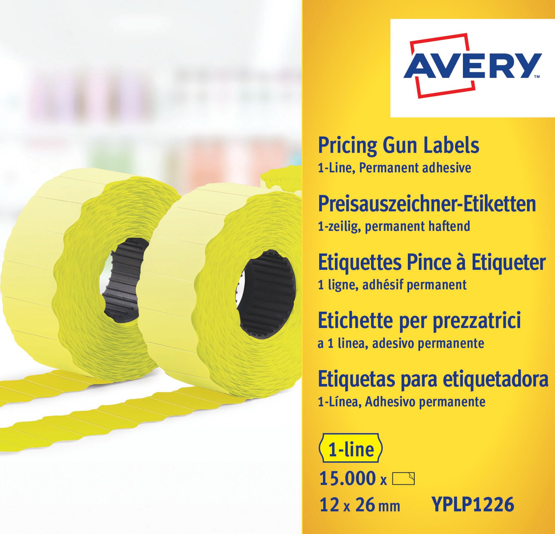 Avery Zweckform YPLP1226 Price Gun Labels 1 Line 12 x 26 MM Rolls 15,000/10 Labels Yellow