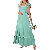 OUGES Womens 2026 Summer Maternity Photoshoot Dress Boho Maxi Smocked Baby Shower Dress Ruffle Sleeve Maternity Clothes