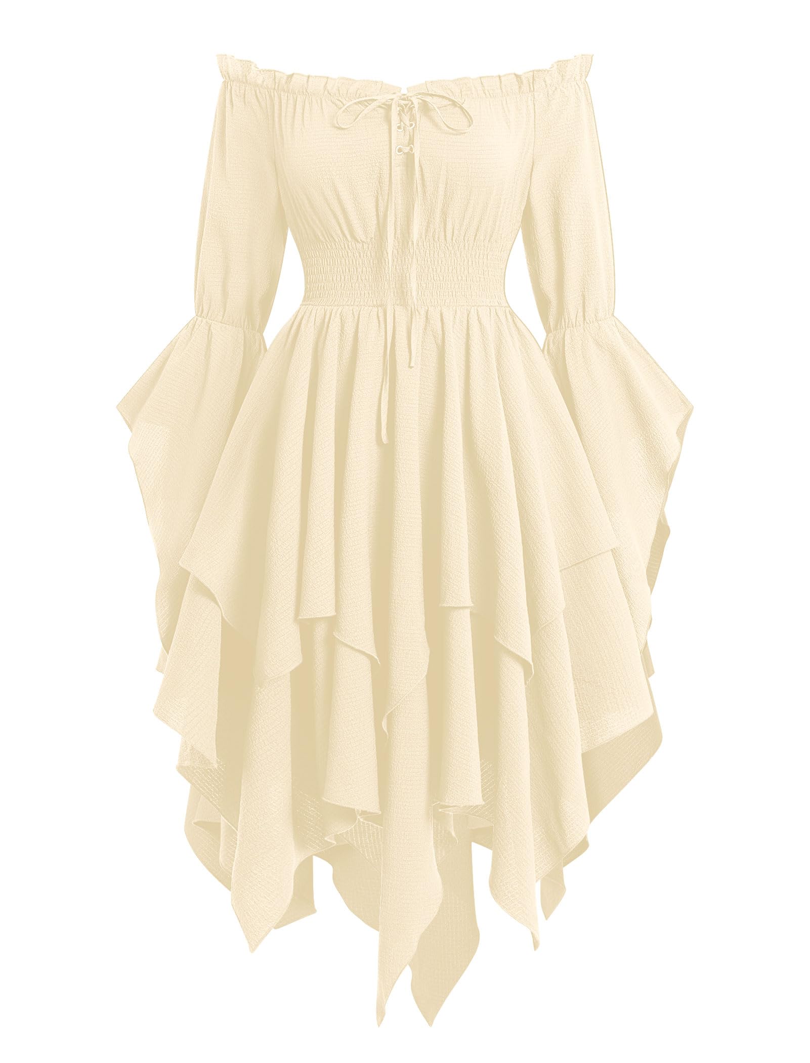 IWEMEK Renaissance Medieval Dress for Women, Off Shoulder Vintage Victorian Costume with Asymmetrical Hemline, Retro Ruffles, A-Line Design for Cosplay, Halloween, Carnival and Parties Apricot