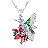 PEIMKO Hummingbird Necklace Enamel Hummingbird Pendant Necklace Sterling Silver Cute Aniamal Bird Necklace with Flower Bird Pendant for Women