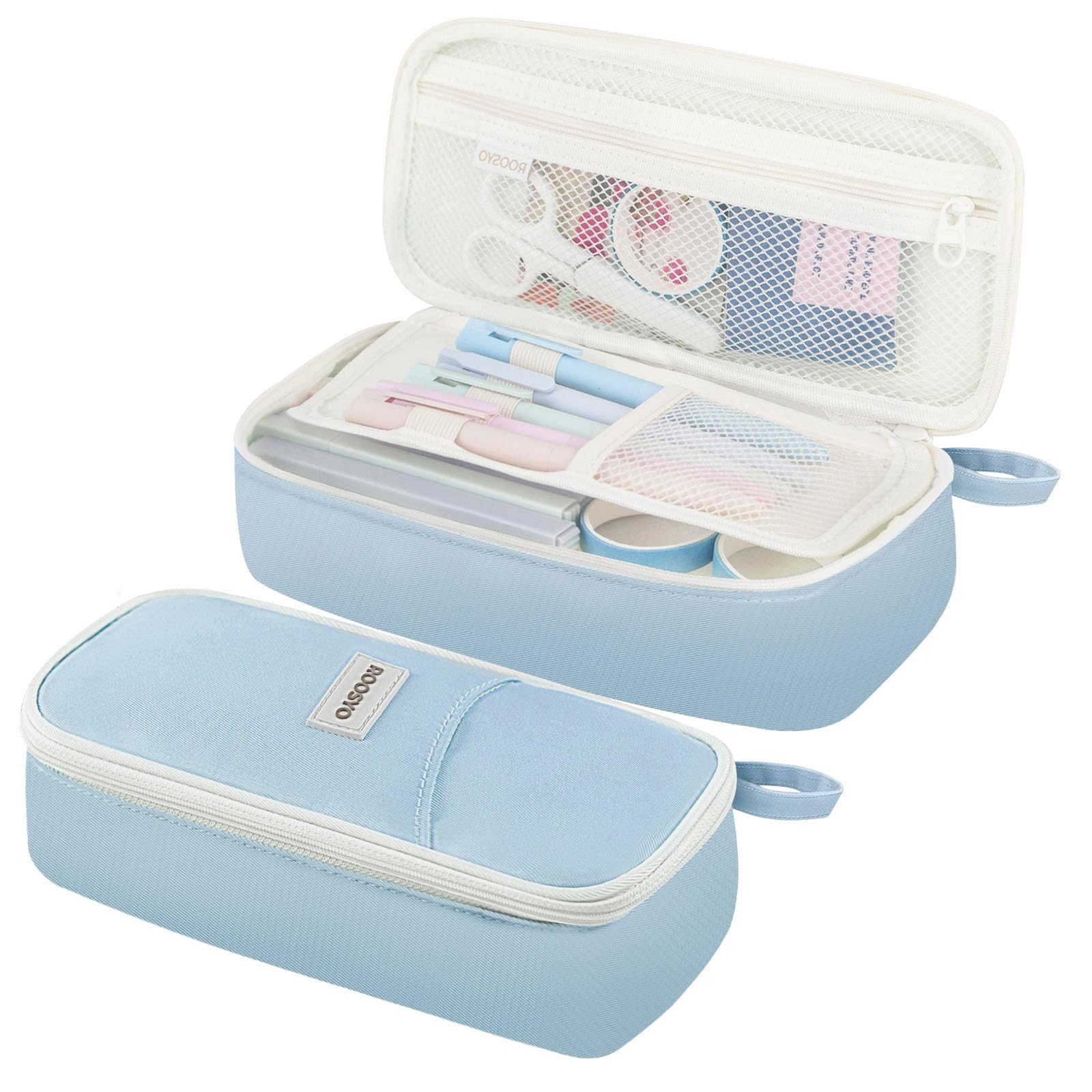 Photo 1 of Roosyo Aesthetic Pencil Case Pouch with Zipper – Large Capacity Organizer Bag for School Supplies, Pens, Pencils, Markers – Cute Small Storage Box for Kids, Girls, Teens & College, Blue