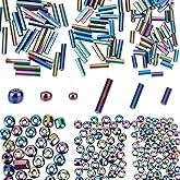 GOMAKERER About 1825 Pcs Rainbow Plated Glass Bugle Beads, 2 Styles Round Long Tube Seed Beads Metallic Colors Bead Loose Spacer Bead Bulk for DIY Crafting Jewelry Making