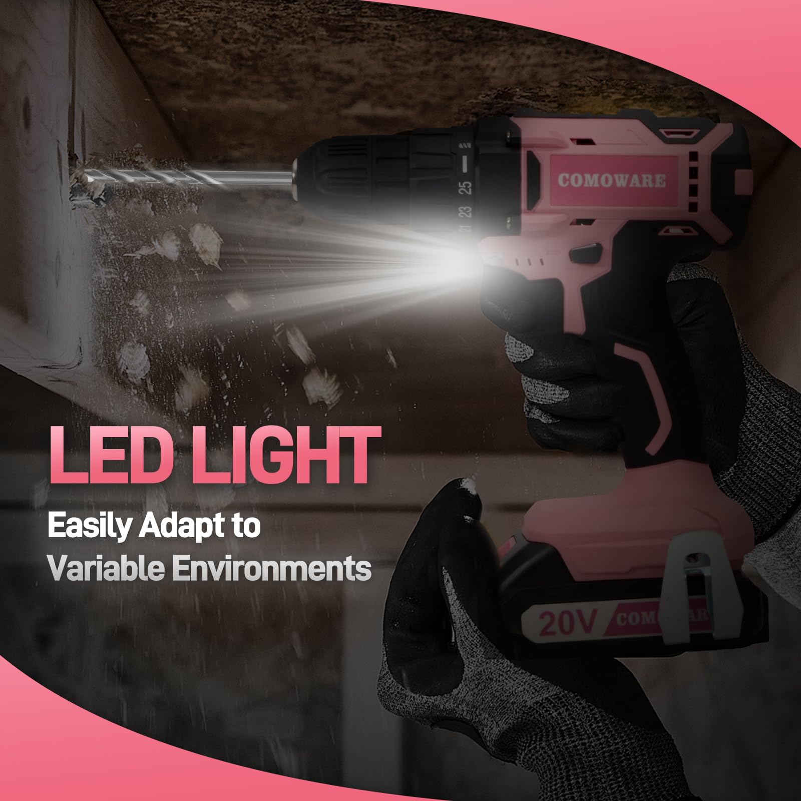 COMOWARE Cordless Drill Set, 20V Pink Power Drill Set for Women, 1 Battery & Charger, 3/8