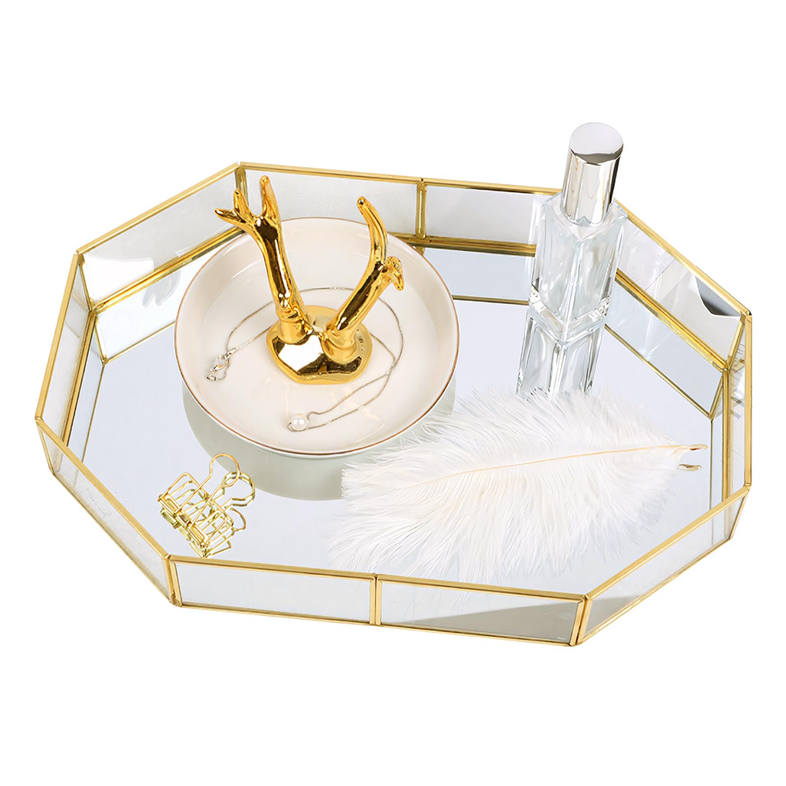 Golden Mirror Cosmetic Tray - Perfume and Toiletries Organizer, Jewelry Holder for Vanity, Dresser, Bathroom, Bedroom, Tabletop (S:200＊142＊45ｍｍ)