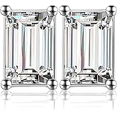 Faux Diamond Stud Earrings For Women 14k White Gold Plated Sterling Silver Cubic Zirconia Earring Studs for Men by Ginger Lyne 10mm 7.5 ct Emerald Cut Small Pierced Minimalist Jewelry