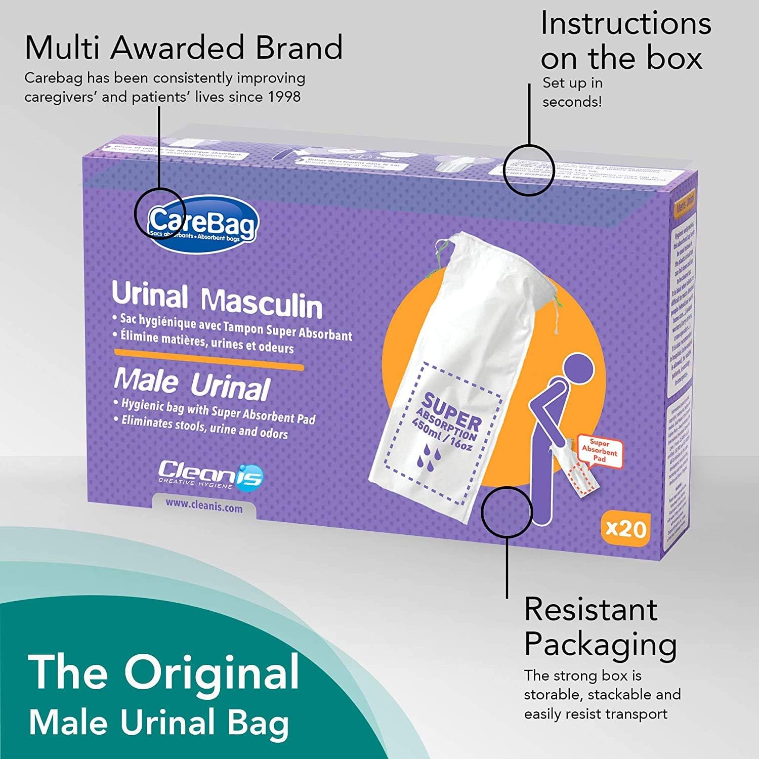 Carebag Medical Grade Male Urinal Bag with Super Absorbent Pad, 20 Count - Travel Urinal for Men - 20 Disposable Bedside Urinal Bottle Bags - Leak-Resistant: Health & Personal Care