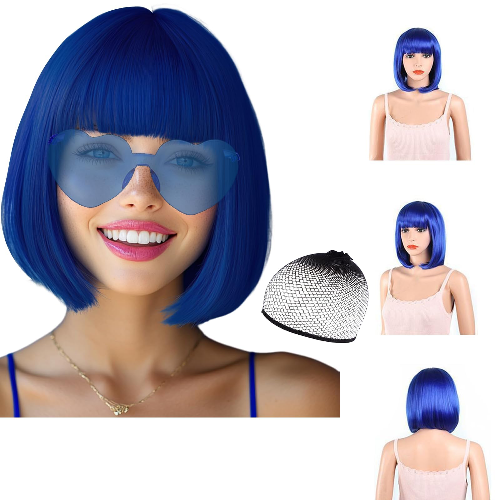 Party Wigs Wig Cap and Sunglass Set,Short Bob Hair Wigs Straight with Flat Bangs Synthetic Colorful Cosplay Daily Party Neon Wig for Women (Royal blue)