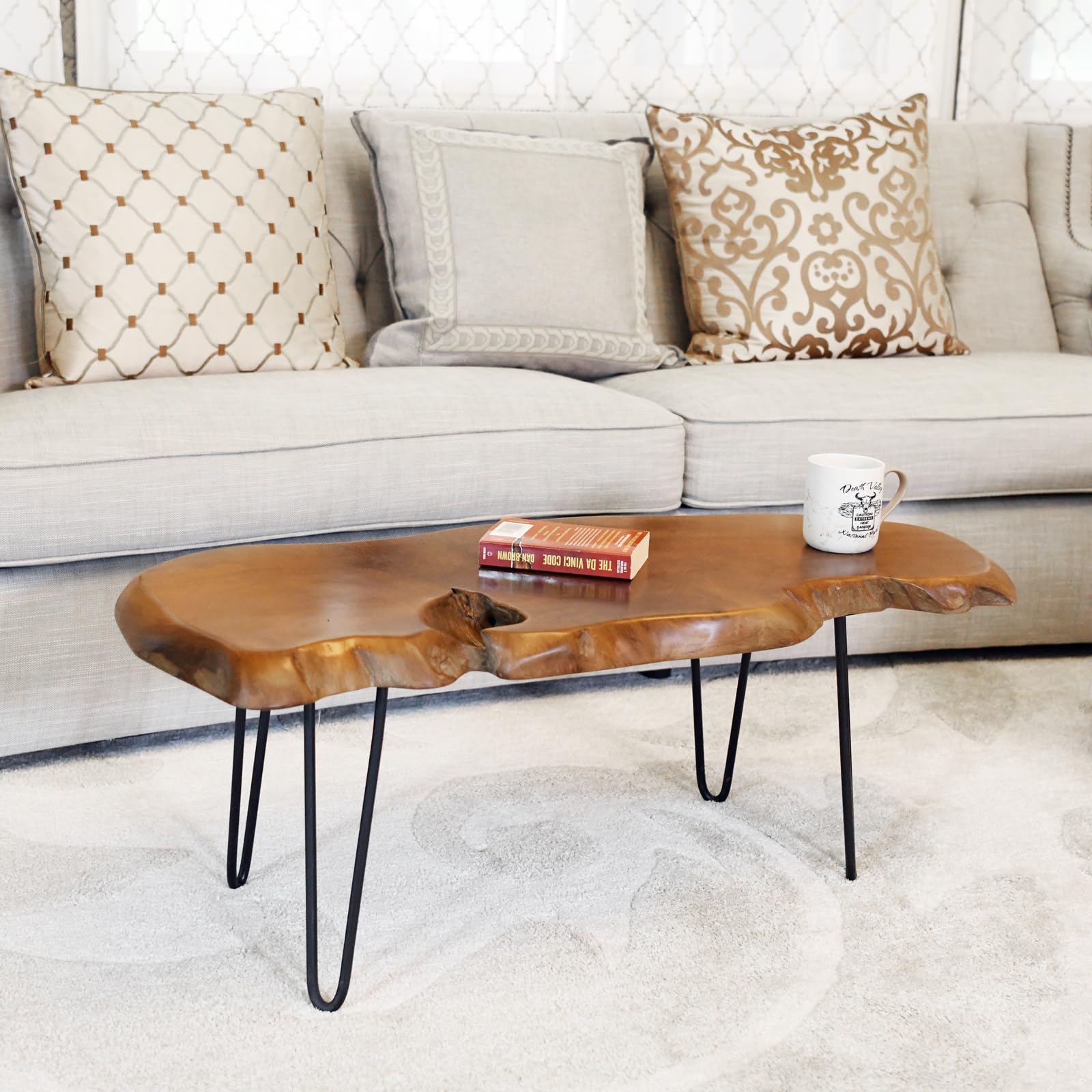 Photo 1 of WELLAND Live Edge Natural Teak Wood Coffee Table with Metal Legs
