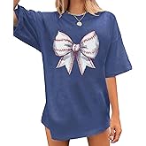 Baseball Shirts Women Oversized Baseball Bow Graphic T-Shirt Game Day Baseball Fans Short Sleeve Tops