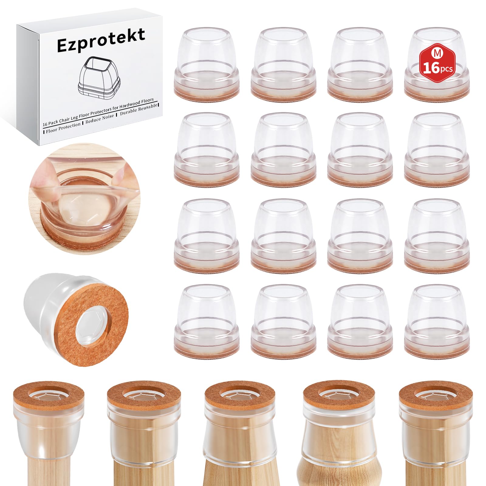 Ezprotekt Chair Leg Covers, 16 PCS 1" Transparent Silicone Chair Leg Floor Protectors with Wrapped Felt, Rubber Chair Leg Caps, Furniture Feet Protectors Pads, No Noise No Scratches