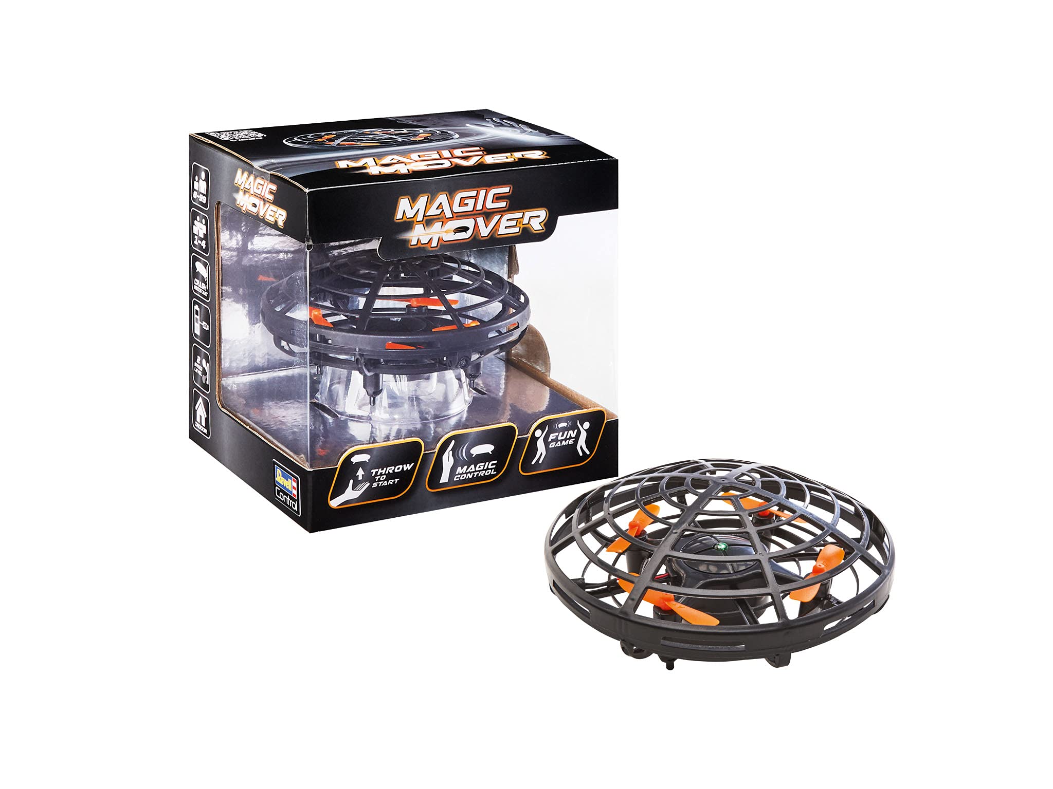 Revell Control 24107 Remote Control Action Game Magic Mover Black With Infra Red Gesture Control, Throw To Start, Control Via Hand Movements, 3 Anti Crash Sensors, Protective Cage, 11cm in length