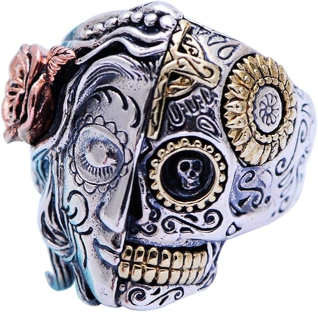ForFox Anillo de Calavera de Media Cara Joyería Plata de Ley 925 Gótico Multicolor para Hombres Mujeres