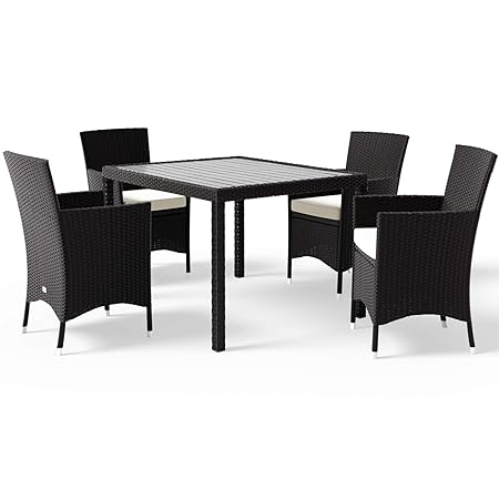 Deuba Poly Rattan Garden Dining Table Chairs Set Furniture WPC Tabletop