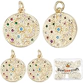 Beebeecraft 1 Box 12Pcs Moon Star Charms 17x16x2mm Cubic Zirconia 18K Gold Plated Brass Flat Round Charms Colorful for Jewelry Making Necklace Bracelets Earring DIY Crafts