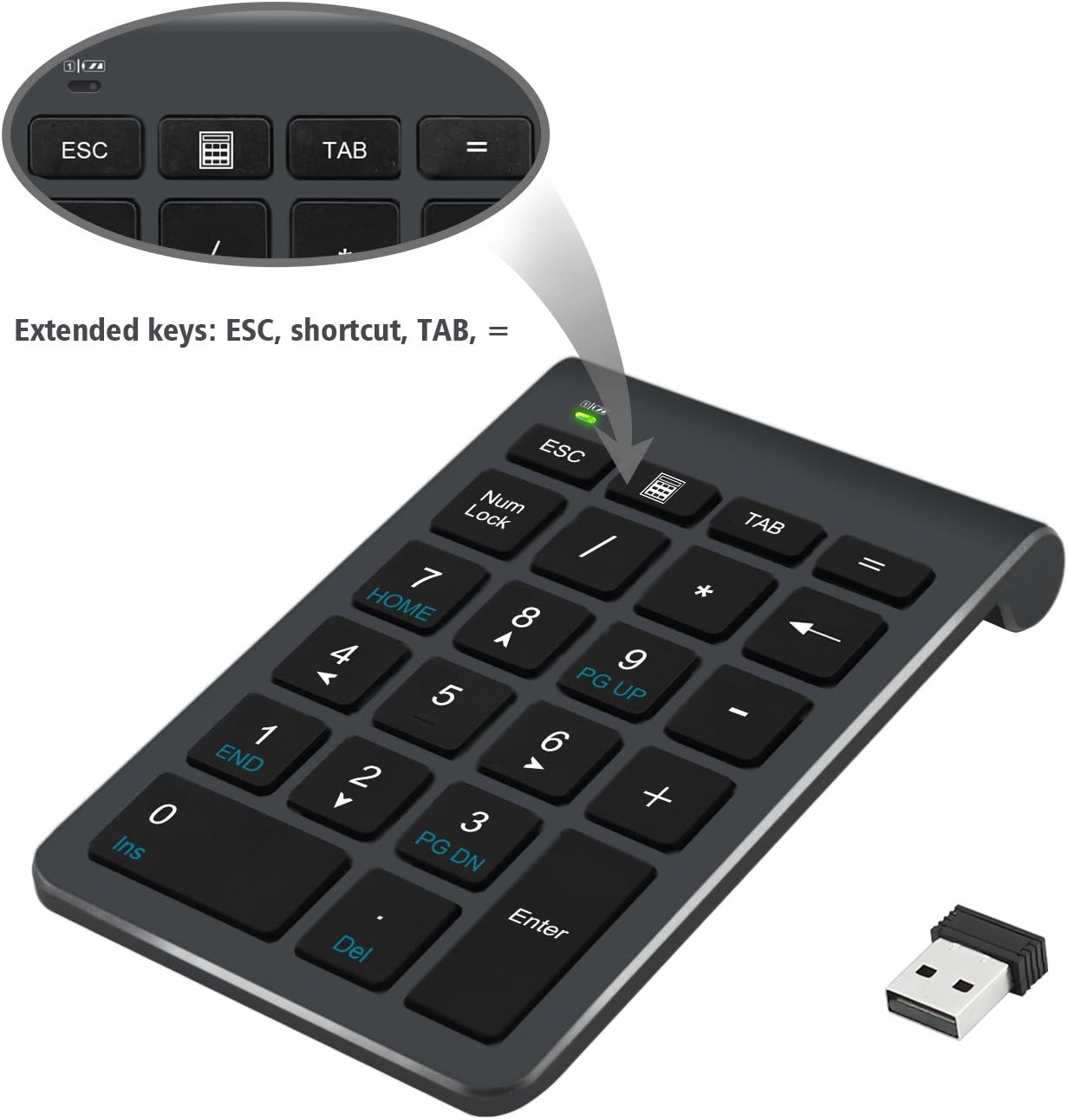 Pavé numérique Alcey Clavier Numérique sansfil de 22 touches avec Mini récepteur USB 2.4G pour