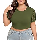 Lastshe Womens Plus Size Crop Tops Summer Trendy Basic Workout Tshirts Lace Short Sleeve Cute Cropped Athletic Tee