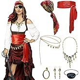 Womens Pirate Costume Accessories Set Head Scarf Sash Chain Belt Necklace Eye Patch for Adult