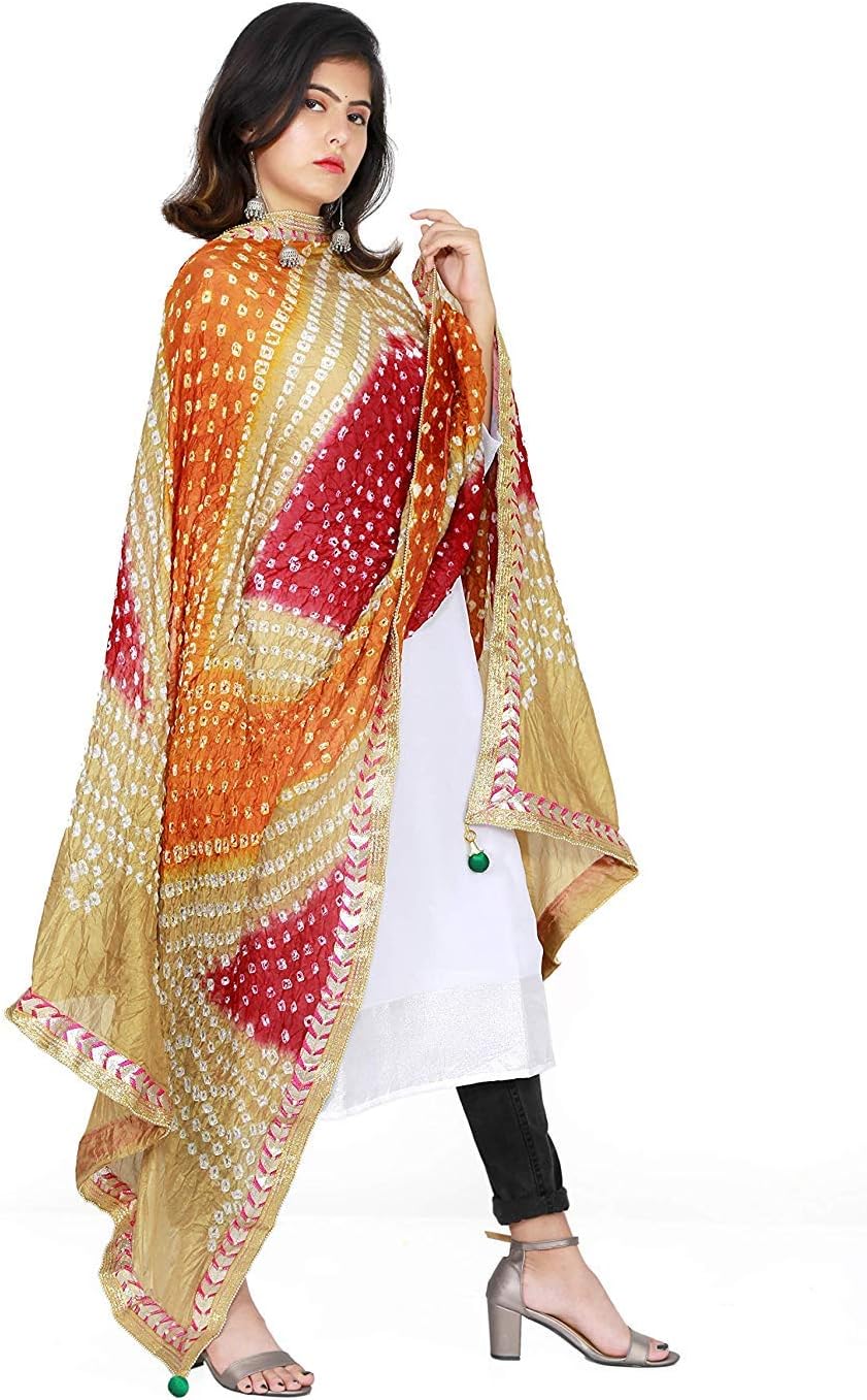 Kalpit Creations Women's Jaipuri Rajasthani Silk Bandhani Bandhej Heavy Dupatta with Gota Work and latkan