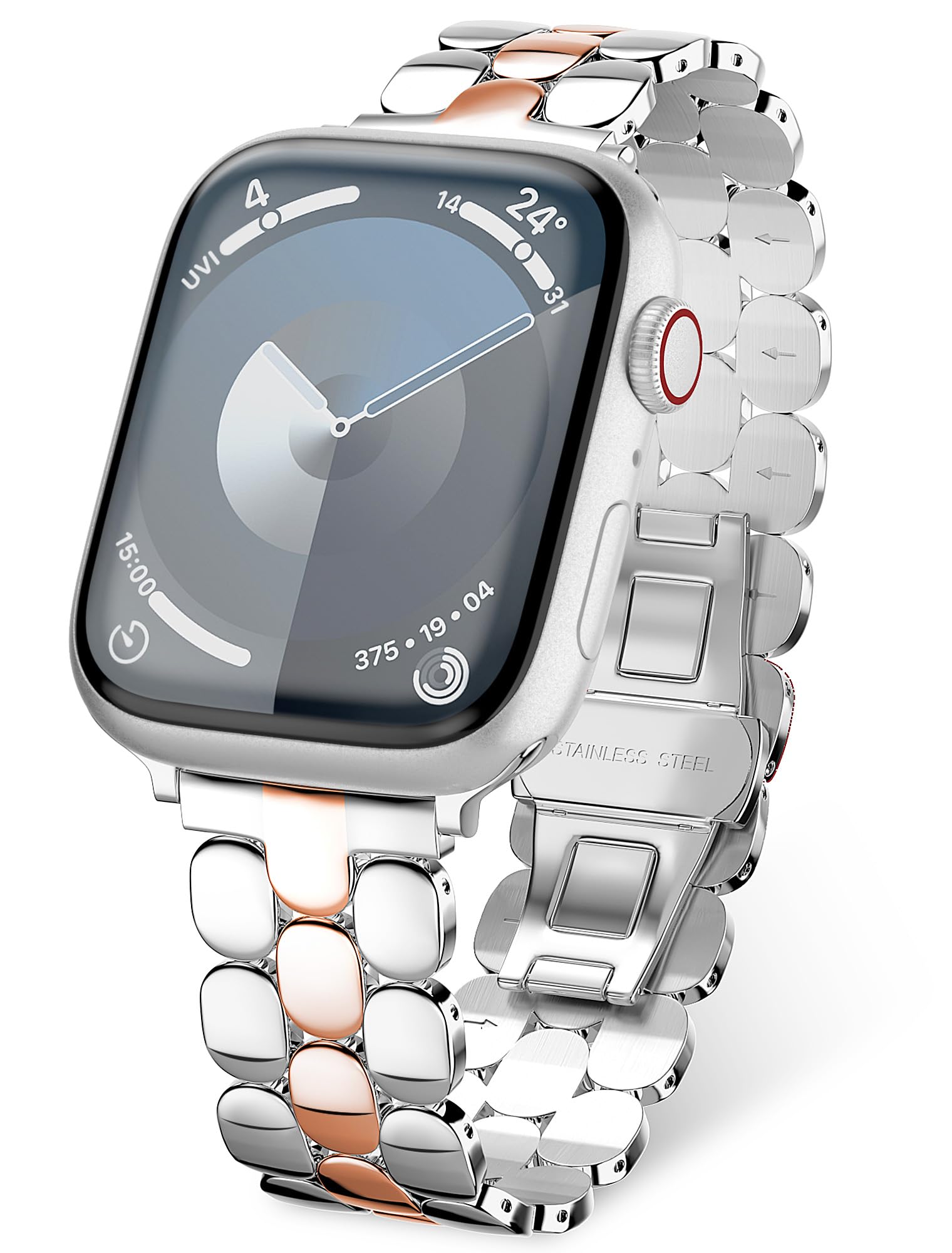 TISIMO Compatible with Apple Watch Strap 45 mm 44 mm 42 mm 41 mm 40 mm 38 mm Women, Stainless Steel Metal iWatch Bracelet for iWatch Series SE/SE2/8/7/6/5/4/3/2/1, Shiny Finish, 42mm/44mm/45mm,