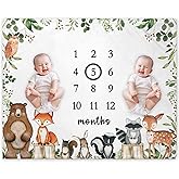 Yuzioey Twins Woodland Milestone Blanket, Twins Forest Animals Baby Growth Chart Monthly Blanket, Watch Me Grow Twins Baby Nursery for New Moms Baby Shower(50"x40")