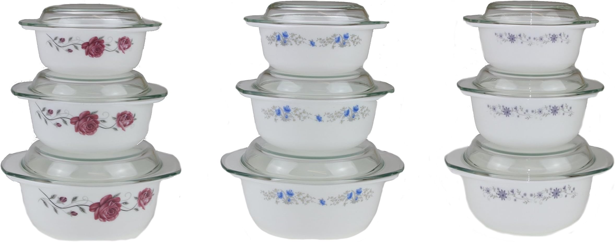 Occasions - 3pc Glass Casserole Dish with Lids - 1L, 1.5L & 2.5L - 3 Designs (Purple)
