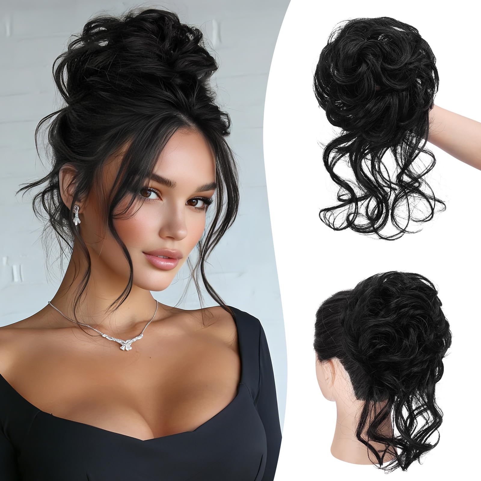 Sofeiyan Messy Bun Hair Piece Curly Wavy Hair Bun Extensions Synthetic Tousled Updo with Tendrils Hairpieces Bun Donut Accessories Scrunchies for Women, Black