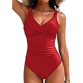 Women's One Piece Swimsuits Ruched Slimming Bathing Suits for Women V Neck Criss Cross Ruched Push Up Slimming Swimwear Red