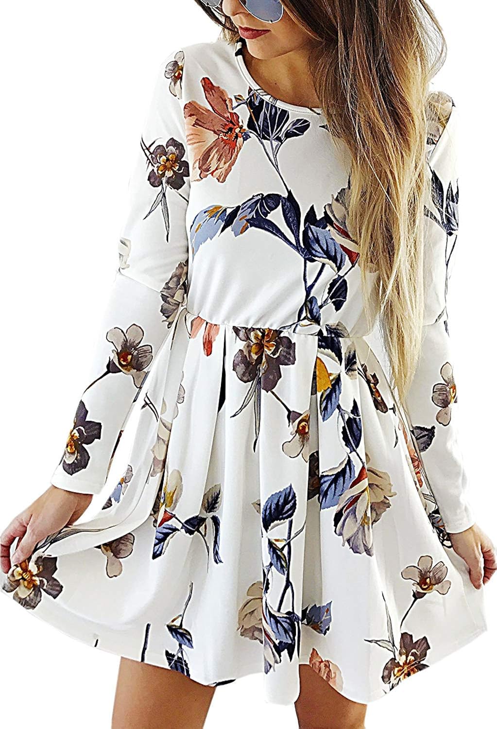 XGBDTJ Ladies Long Sleeve Dress Short Elegant Floral Mini A Line Dress
