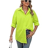 Atnlewhi Womens Oversized Button Down Shirts Casual Work Long Sleeve Boyfriend Blouse Dressy Summer Tops